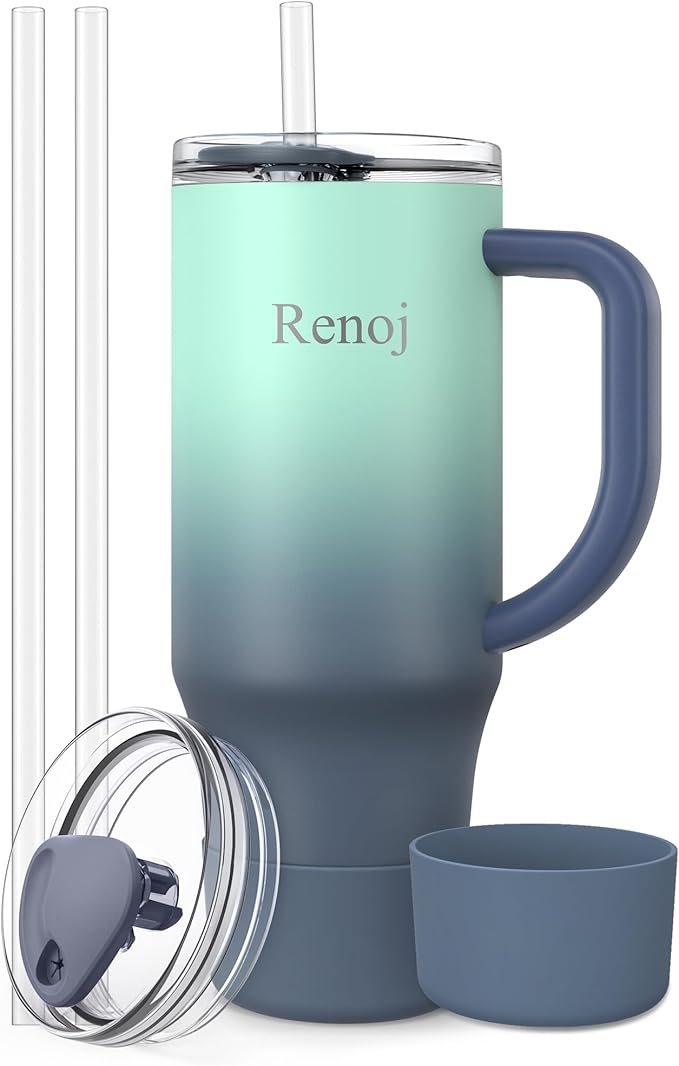 Renoj Insulated Mug 100% Spill Resistant Insulated Water Bottle for Iced Coffee & Hot Drinks - Fits Car Cup Holder, Ideal Gift, 2 Straws & Silicone Boot - FlexSlide Blue Gradient 40 oz