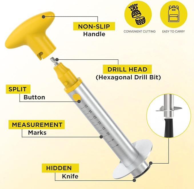 YYP Pineapple Cutter with Knife, [Upgraded, Electric & Manual] Durable Pineapple Corer with Electric Drill Accessory, Stainless Steel Fruit Peeler Knife Pineapple Slicer Core Remover Kitchen Tool