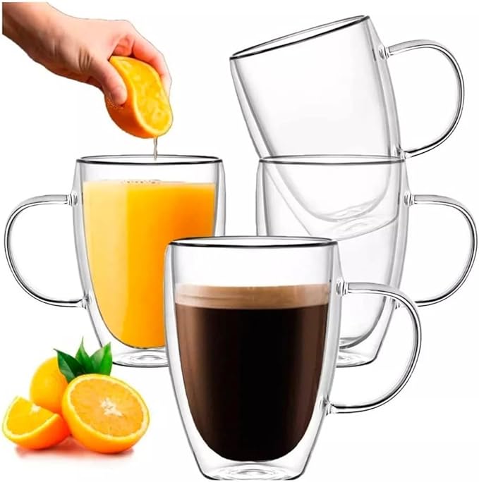 Set of 2 Double Wall Borosilicate Glass Mugs 12oz (360ml) – Insulated, Heat-Resistant, Dishwasher Safe Coffee and Tea Mug Set for Hot & Cold Beverages