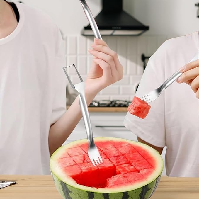 Watermelon Cutter，2-in-1 Stainless Steel Fruit Cutter, 2025 New Upgrade Dual Head Watermelon Fork Slicer Tool, Summer Fruit Cutting Home Kitchen Gadgets (1 pack)
