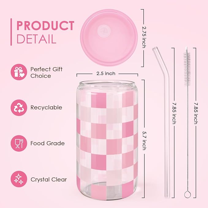 SANDJEST Checker 16 Oz Can Glass Tumbler with Acrylic Lid and Straw - Iced Coffee Cups for Women, Aesthetic Glass Cup Gift for Birthday Christmas