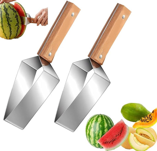 Stainless Steel Watermelon Slicer, Triangle Watermelon Cutter, Watermelon Slicer Cutter Tool, Stainless Steel Watermelon Cutter With Wooden Handle, Fruit Cutter For Cantaloupe, Honeydew, Apples(2PCS)