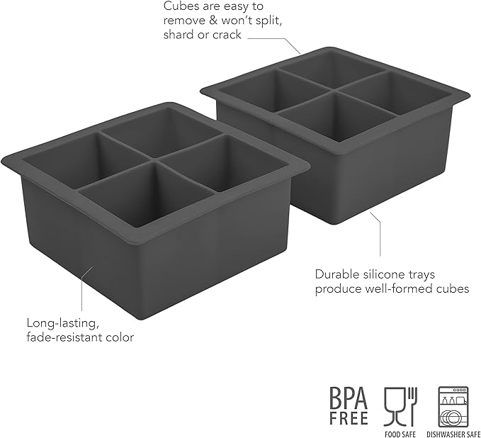 Tovolo Large Ice Cube Trays Set of 2 XL for Cocktails Whiskey Drinks, Big Square Ice Cube Molds Silicone Freezer Trays, BPA Free Dishwasher Safe Easy Release, Charcoal Gray