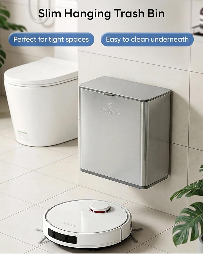 Kitchen Compost Bin, 8L/2.1G Small Trash Can with Lid, Slim Stainless Steel Hanging Garbage Bin for Kitchen, Bathroom, Bedroom, Office, Wall Mounted Compost Bin with Inner Bucket, Silver