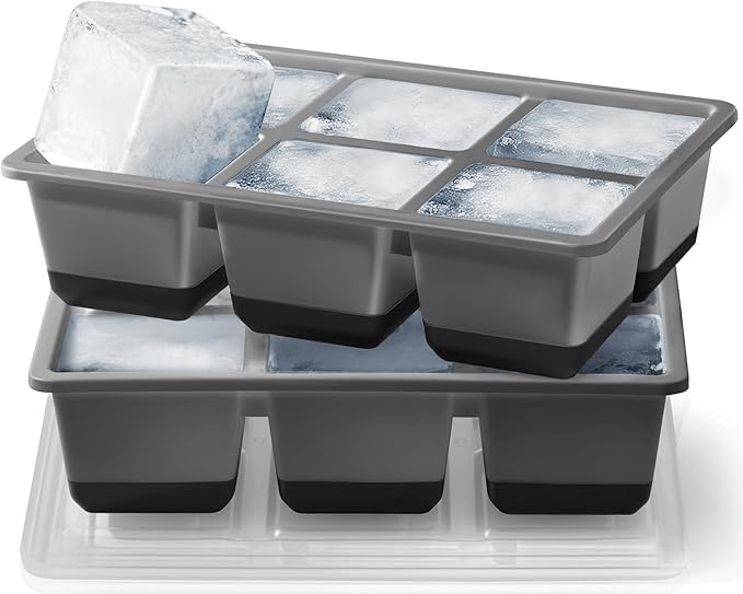 Large Ice Cube Trays 2 Pack, Easy Release 2.4" Big Ice Cubes, Stackable Ice Trays for Freezer, Silicone Cocktail, Whiskey Ice Cubes Mold with Lid, Dishwasher Safe - BPA Free