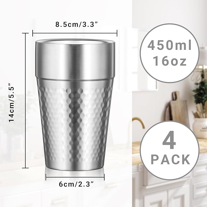 Stainless Steel Double Wall Cup, 16 oz Insulated Tumbler, 4 Pack Unbreakable Stackable Water Tumblers Insulated Metal Cup Premium Drinking Glasses for Travel Camping Home Outdoor
