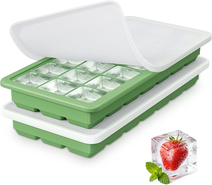 Silicone Ice Cube Trays 3Packs, Easy Release Ice Cube Molds with Lid, Freezer Stackable Ice Maker for Whiskey, Baby Food, BPA Free (2, Green)