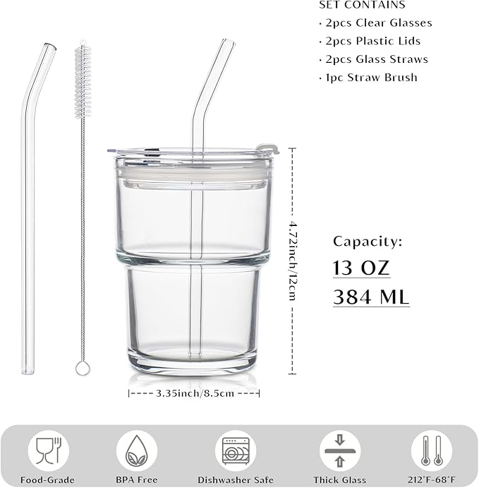 INSETLAN 13oz Portable Glass Tumblers Set of 2, Thick Wall Glass Cups with Lid and Glass Straw, On-the-Go Coffee Cups for Iced Coffee, Tea, Milk, Hot & Cold Drinks, Travel & Daily Use