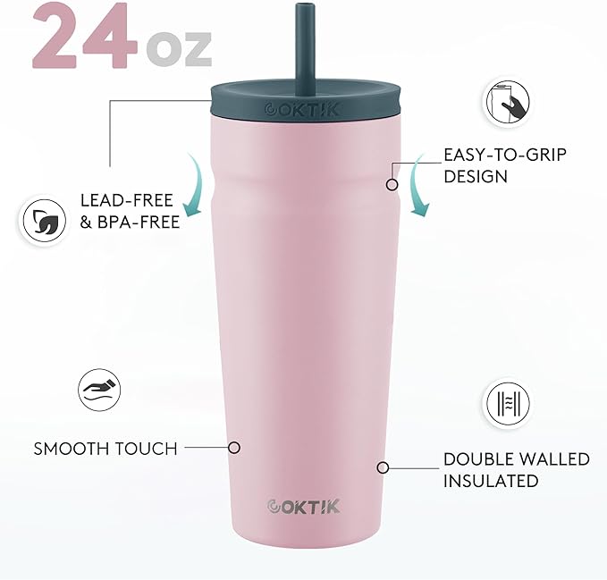 COKTIK 24oz Insulated Tumbler with Lid and Straw Iced Coffee Cup Reusable Stainless Steel Travel Mug Water Bottle Cupholder Friendly for Women Men Her Him (Blush)