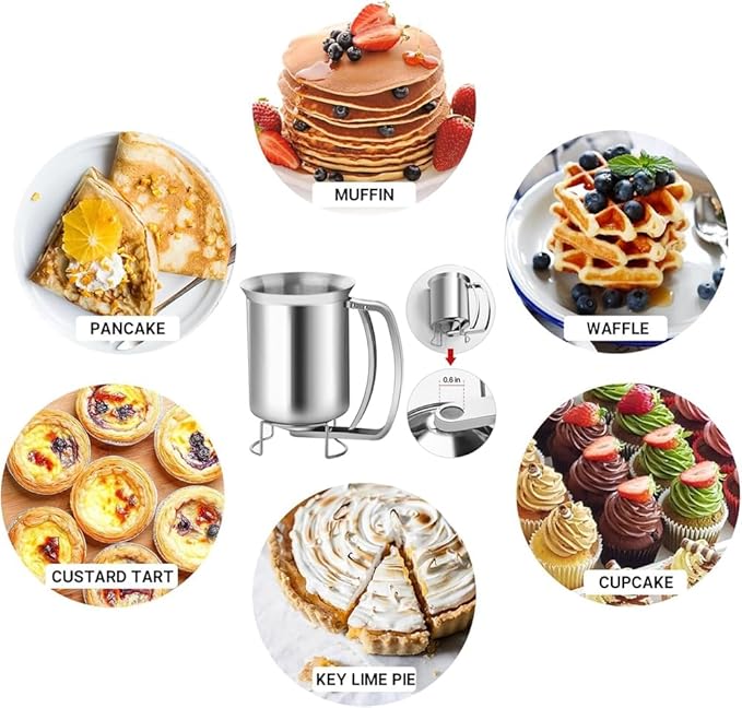 Premium Stainless Steel Batter Dispenser for Pancakes, Cupcakes, Cookies, Waffles & More - 900ML Handheld Pourer with Stand, Squeeze Handle, Unbreakable, Perfect for Various Baking (Stainless Steel)