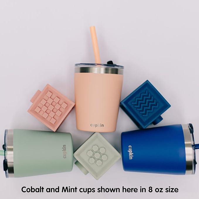 CUPKIN Sippy Cup for 1 Year Old, The Original Stackable 8 oz Stainless Steel Tumbler, Set of 2 Powder Coated Insulated Straw Cup + BPA Free Lids + Food Grade Reusable Silicone Straws (Cobalt + Mint)