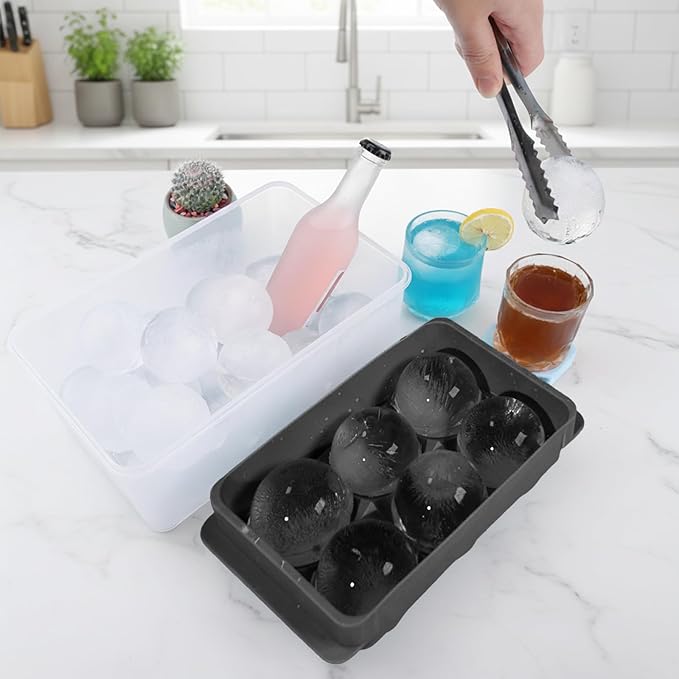 Large Ice Ball Maker Mold, 1.9" Round Ice Cube Mold for Whiskey Bourbon Cocktail, 6 Balls, Sphere Ice Mold, Big Ice Cube Tray with Container and Tongs, Easy to Fill & Release