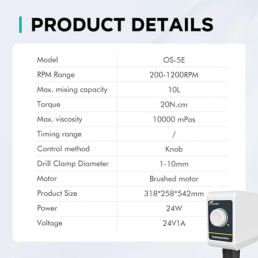 LAB FISH Overhead Stirrer(OS-5E) 10L Capacity 200-1200 RPM Knob Control Variable Speed Mixer Handles High Viscosity Liquids for Chemical/Reagents/Paints