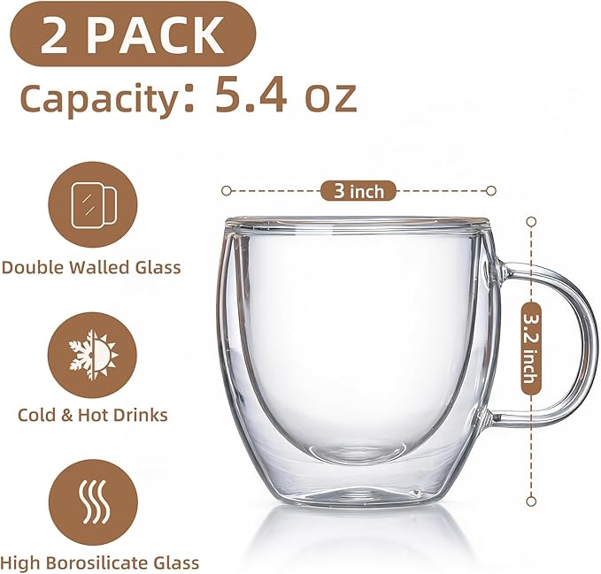 Double Wall Insulated Espresso Shot Cups 5.4 OZ Set of 2, Small Clear Borosilicate Glass Demitasse Coffee Mugs with Handles