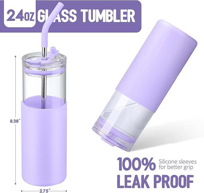 Kodrine 24oz Glass Tumbler with Lids and Straws|Bamboo & On the go Lid|Reusable Ice Coffee Cup with Silicone Sleeve, Glass Coffee Tumbler for Smoothie/Matcha, Dishwasher & BPA Free-Purple