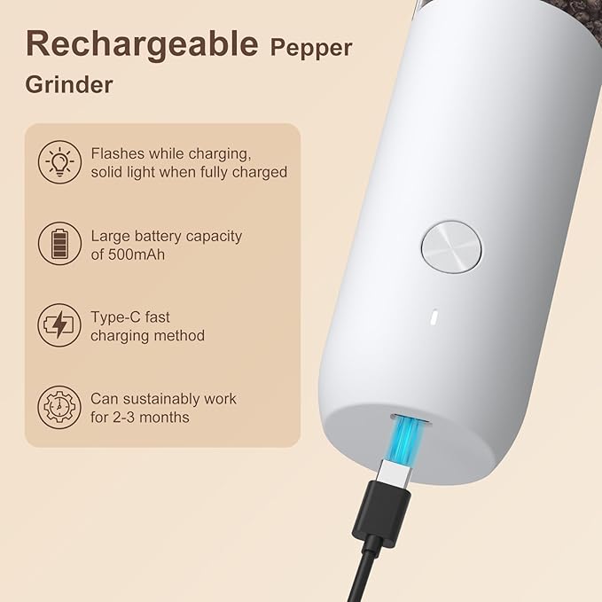Ultrean Electric Pepper Grinder, Rechargeable Salt and Pepper Grinder with 6 Adjustable Coarseness, LED Light, Automatic Grinder for Kitchen, Kitchen Gadget & Housewarming Gifts, White