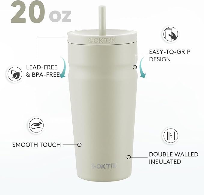 COKTIK 20oz Insulated Tumbler with Lid and Straw Iced Coffee Cup Reusable Stainless Steel Travel Mug Water Bottle Cupholder Friendly for Women Men Her Him (Almond Birch)