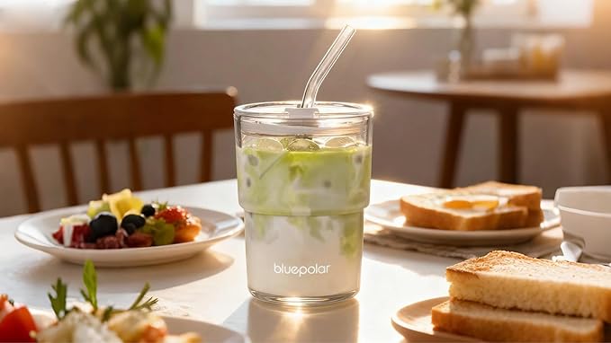BLUEPOLAR 13oz/400ml Glass Water Tumbler with Straw and Lid Sealed Carry On Thick Wall Iced Coffee Cup Glass Cup for Water, Iced Tea Fruit Juice Etc(Aurora White