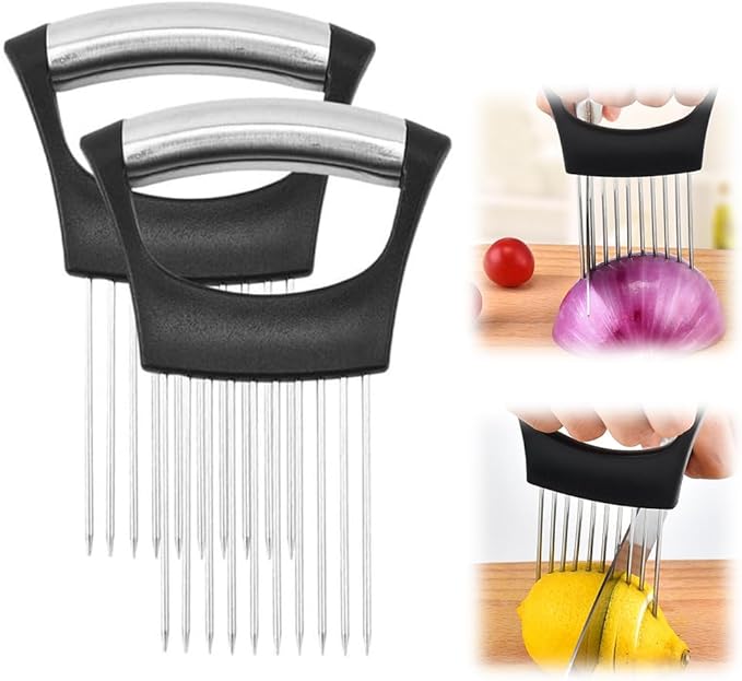 Onion Holder for Slicing, 2025 New Stainless Steel Onion Slice Holder Lemon Slicer Vegetable Cutter, Kitchen Gadgets Chopper Slicing Assistant Tool for Meat, Onion, Tomato, Potato (2 Pcs)