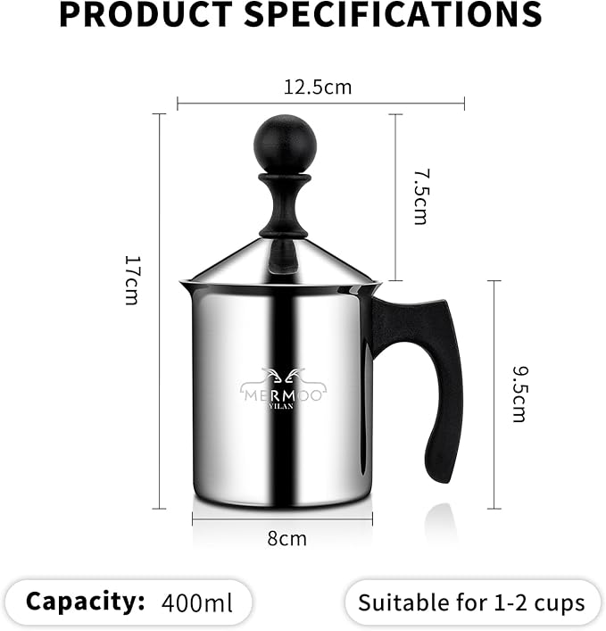 MERMOO YILAN Manual Milk Frother 14oz Stovetop Milk Foamer Non-electric Handheld Frother for Latte Art and Cappuccinos Perfect for Camping, Travel, Home (Silver)