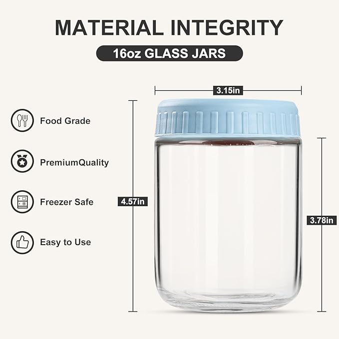 SHOWIN Overnight Oats Containers with Lids, 16oz Glass Jars with Lids 8 pcs, Light Blue, Wide Mouth Mason jars for Salad, Yogurt, Snacks, Meal Prep