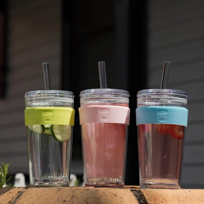 KeepCup Cold Cup - Longplay Double wall Glass Ice Coffee Tumbler with Lid and Straw - 16oz (454ml) - Cloud
