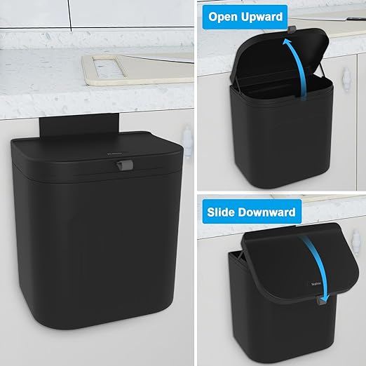Naisu 3 Pack 1.12 Gallon Kitchen Garbage Bin for Counter Top or Under Sink, Stick on the Wall，Hanging Small Trash Can with lid for Cupboard/Bathroom/Bedroom/Office(Black)