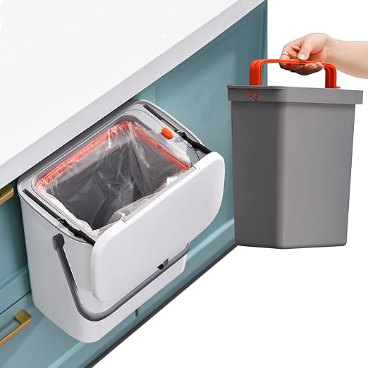 2 in 1 Kitchen Trash Can & Slide Lid, Under Sink Garbage Can, 2.4 Gal Waste Bins & Inner Barrel,Portable Hang Trash Bin, with Sticky Hook & Scraper