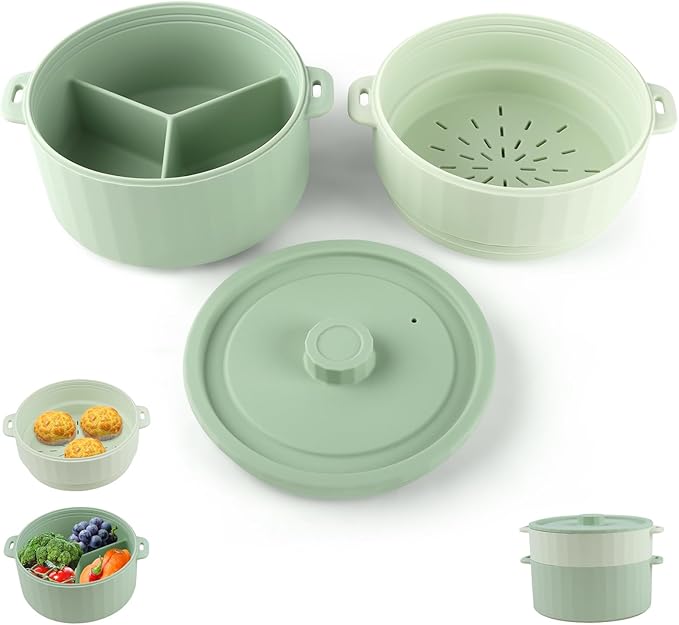 Silicone Microwave Steamer - Microwave Pot Steamer Basket Bowl for Baby Food, Vegetables & Dumplings, Compact & Lightweight Design, Oven & Dishwasher Safe (Green, Double-Layer)
