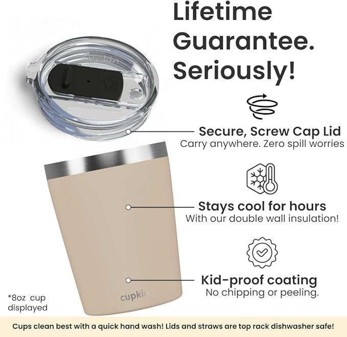 CUPKIN Toddler Tumblers, The Original 12 oz Stackable Stainless Steel Cups, Set of 2 Powder Coated Insulated Kids Water Bottle Alternative + BPA Free Lids + Reusable Silicone Straws (Brown + Peach)