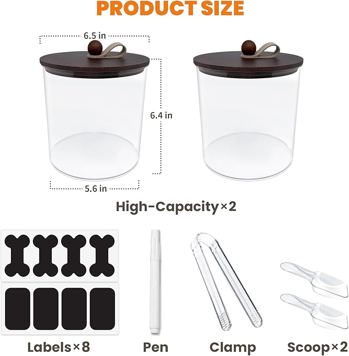 HOYTAMDAR 2 Pack Airtight Dog Food Storage Container,Dog Treat Container Dog Treat Jar with Wood Lids 6x5'',Pet Food Storage Container,Cat Food Container with Scoops,Food Tong,Labels,Pen