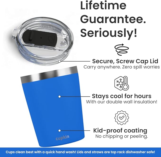 CUPKIN Kids Cup, The Original 8 oz Stackable Stainless Steel Kid Cups, Set of 2 Powder Coated Insulated Sippy Cup for 1+ Year Old Toddlers & BPA Free Lids & Reusable Silicone Straws (Blue + Gray)