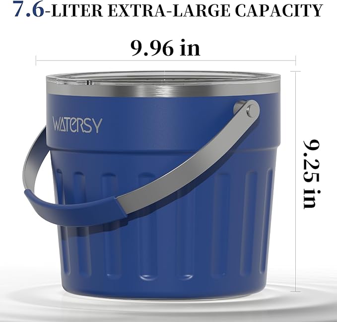 WATERSY Insulated Ice Bucket（8 Quart / 7.6 L） with Lid, Scoop, Ice Tong，Wall Vacuum Stainless Steel, Blue
