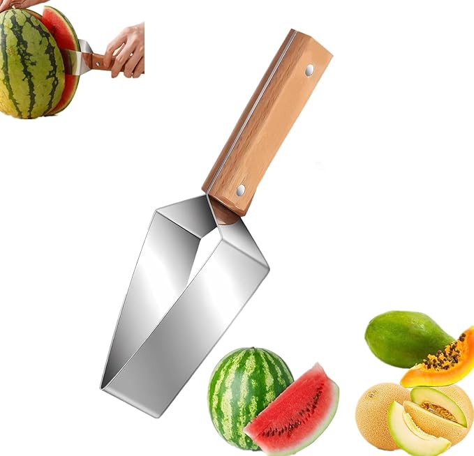 Stainless Steel Watermelon Slicer, Triangle Watermelon Cutter, Watermelon Slicer Cutter Tool, Stainless Steel Watermelon Cutter With Wooden Handle, Fruit Cutter For Cantaloupe, Honeydew, Apples (1PCS)