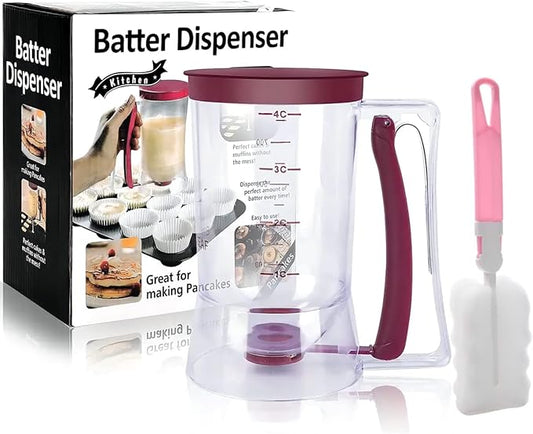 Pancake Batter Dispenser, Pancake Dispenser with Measuring Label, Plastic Batter Dispenser with Cleaning Brush for Cupcakes, Waffles, Muffin Mix, or Any Baked Goods