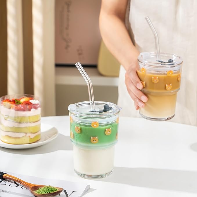Olvini 13oz Glass Tumbler with Straw and Lid, Reusable Iced Coffee Cup Tumbler, Cute Glass Cups for Water, Matcha, Travel Coffee Mugs (Cute Cat - 13oz)