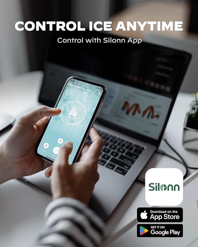 Nugget Ice Maker Countertop - Silonn Smart Pebble Ice Machine, Pellet Ice 44 lbs per Day, Crushed Ice from Timer Function and Status Alerts with Silonn App, Stainless Steel