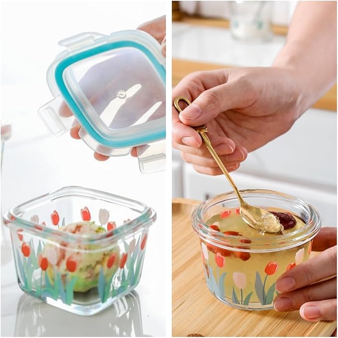 Ivymei 2 Pack Mini Glass Containers with lids,Small Tulip Food Storage Contaiers Glass Food Jars for Food Portion,Dipping Sauce,Snack,Yogurt,Fruit,Leakproof,Microwave Freezer Safe