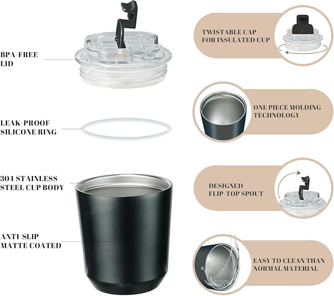 Puraville 2 Pack Insulated Tumblers with Lid, 10 oz Travel Coffee Mug Stainless Steel Vacuum Cup, Leak Proof Double Walled Coffee Tumbler for Iced and Hot Drinks, Black and Cream