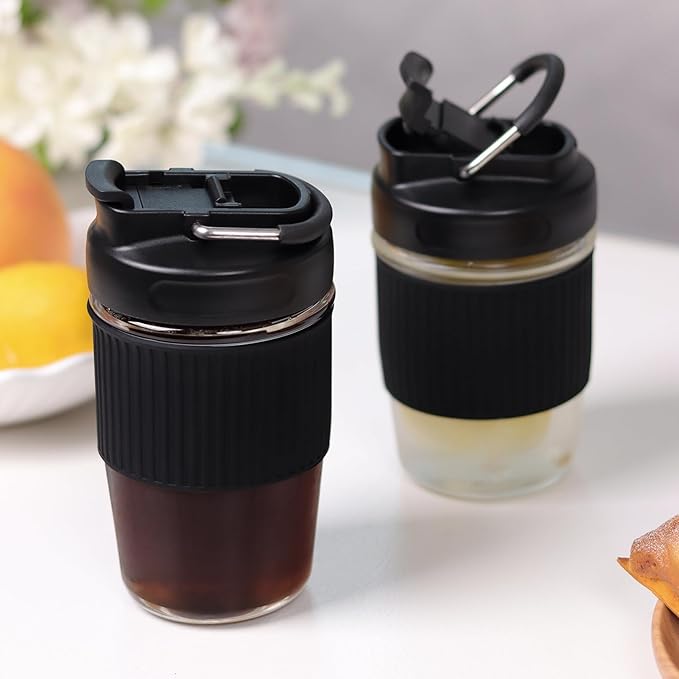 Sivaphe Reusable Glass Ice Hot Coffee Cup 12 oz, Portable Travel Mug with Spill-Proof Lid and Thermal Sleeve for Home Office Black