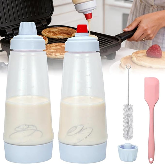 Pancake Batter Dispenser with BlenderBall & Wire Whisk – Includes Silicone Spatula & Cleaning Brush –Can shake Protein Powder, Perfect for Pancakes, Waffles, Crepes & More Kitchen Baking Tool 2 Pack