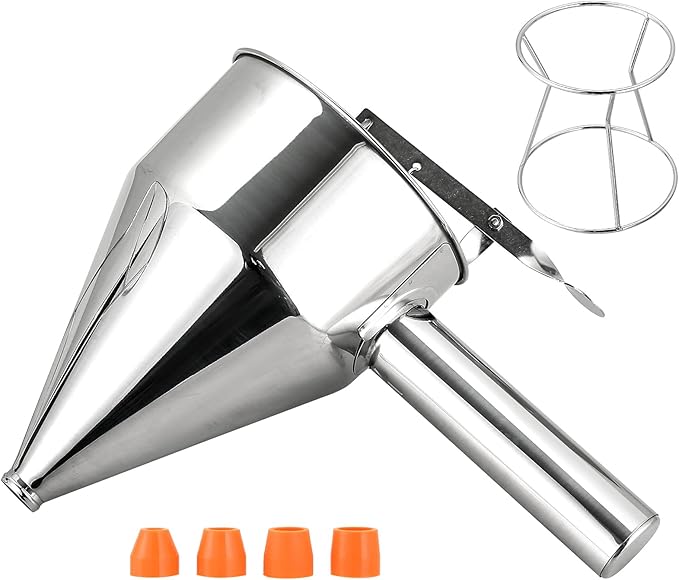 MAOPINER 40.5OZ Stainless Steel Pancake Batter Dispenser, Piston Funnel Cake Dispenser with Stand, Commercial Chocolate Funnel for Baking & Takoyaki (1200ML/40.5OZ with 4PCS Nozzles)