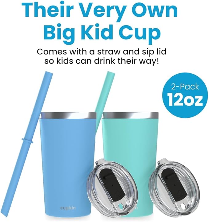 CUPKIN Reusable Cups with Lids, The Original Stackable 12 oz Stainless Steel Tumbler with Lid, Set of 2 Powder Coated Insulated Kids Tumblers, BPA Free Lids & Reusable Silicone Straws (Blue + Green)