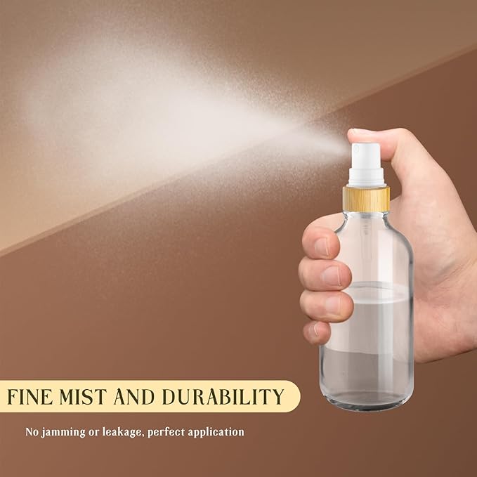 4-Pack 4 Oz Glass Spray Bottle with Bamboo Lid,Empty Refillable Fine Mist Atomizer,Leak-Proof Travel Liquid Holder Container for Cologne,Essential Oils,Room Sprays,Cleaning Solutions (Clear)