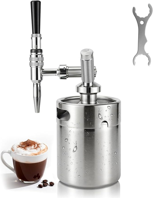 Nitro Cold Brew Coffee Maker, 64oz SS Mini Keg Cold Brew Maker, Nitro Coffee Machine System with Pressure Relief Valve & Stout Creamer Faucet Nitro Keg Coffee Growler for Homebrewing