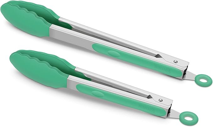 2 Pack Silicone Kitchen Tongs – 9" & 12" Set, Heat Resistant up to 500°F, Non‑Stick Cookware Safe, Wavy Silicone Tips, BPA Free, Locking Clip & Hanging Loop, Turquoise