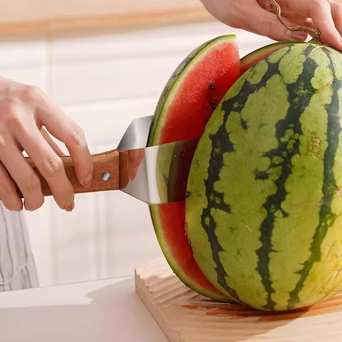 Triangle Watermelon Cutter, Stainless Steel Watermelon Slicer with Wooden Handle, Handheld Fruit Cutter for Kitchen Gadgets, Portable for Summer Camping, Picnics, Home, Parties for Fruit, Cake (2PCS)