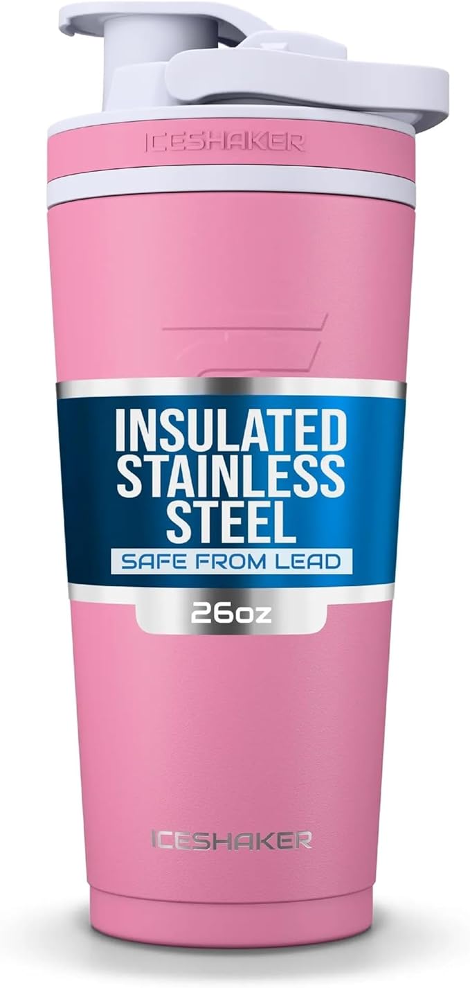 Ice Shaker Insulated Stainless Steel Shaker Bottle | 26oz, Pink | Cold for 30+ Hours | Insulated Cup with Twist-on Agitator | Odor-Free Bottle for Protein Shakes, Water, Smoothies, Cocktails