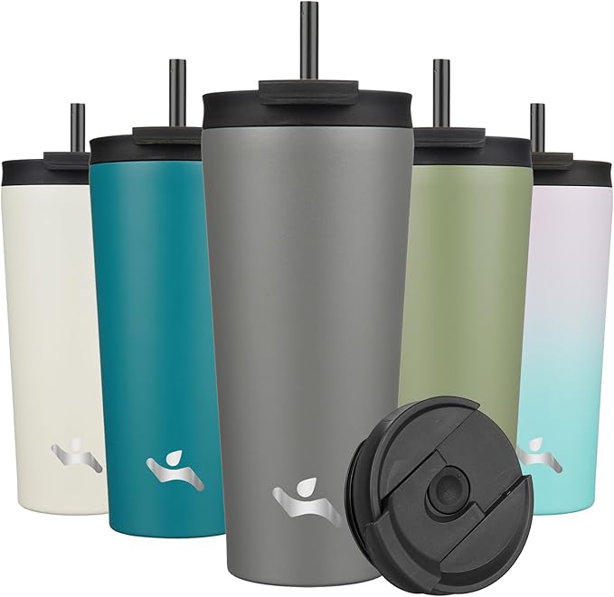 Konokyo 22 OZ Insulated Tumbler with Lid and 2 Straws Stainless Steel Water Bottle Vacuum Travel Mug Coffee Cup,Gray