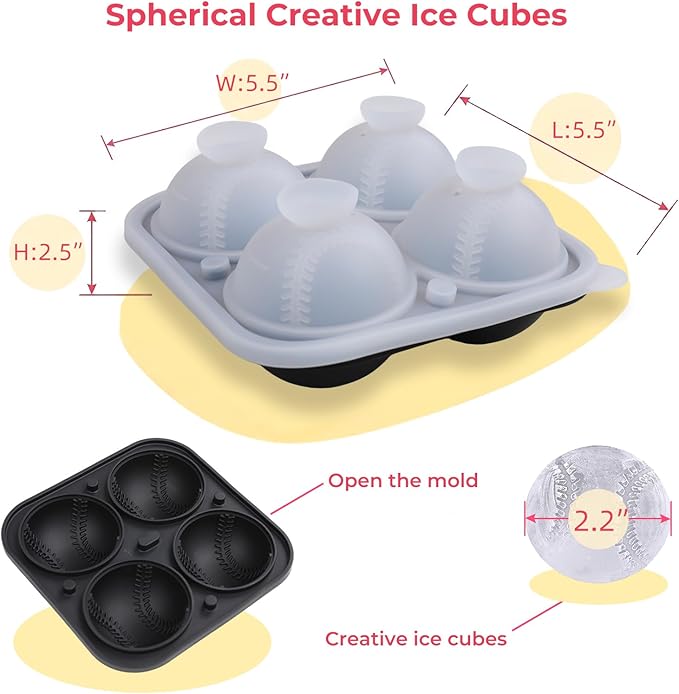Large Ice Cube Tray,Silicone Ice Cube Trays for Freezer with Lids & Funnel,2.5 Inch Reusable Big Round Ice Cube Mold Ball Maker for Gifting,Whiskey,Cocktails and Drinks,Easy Release (Baseball)